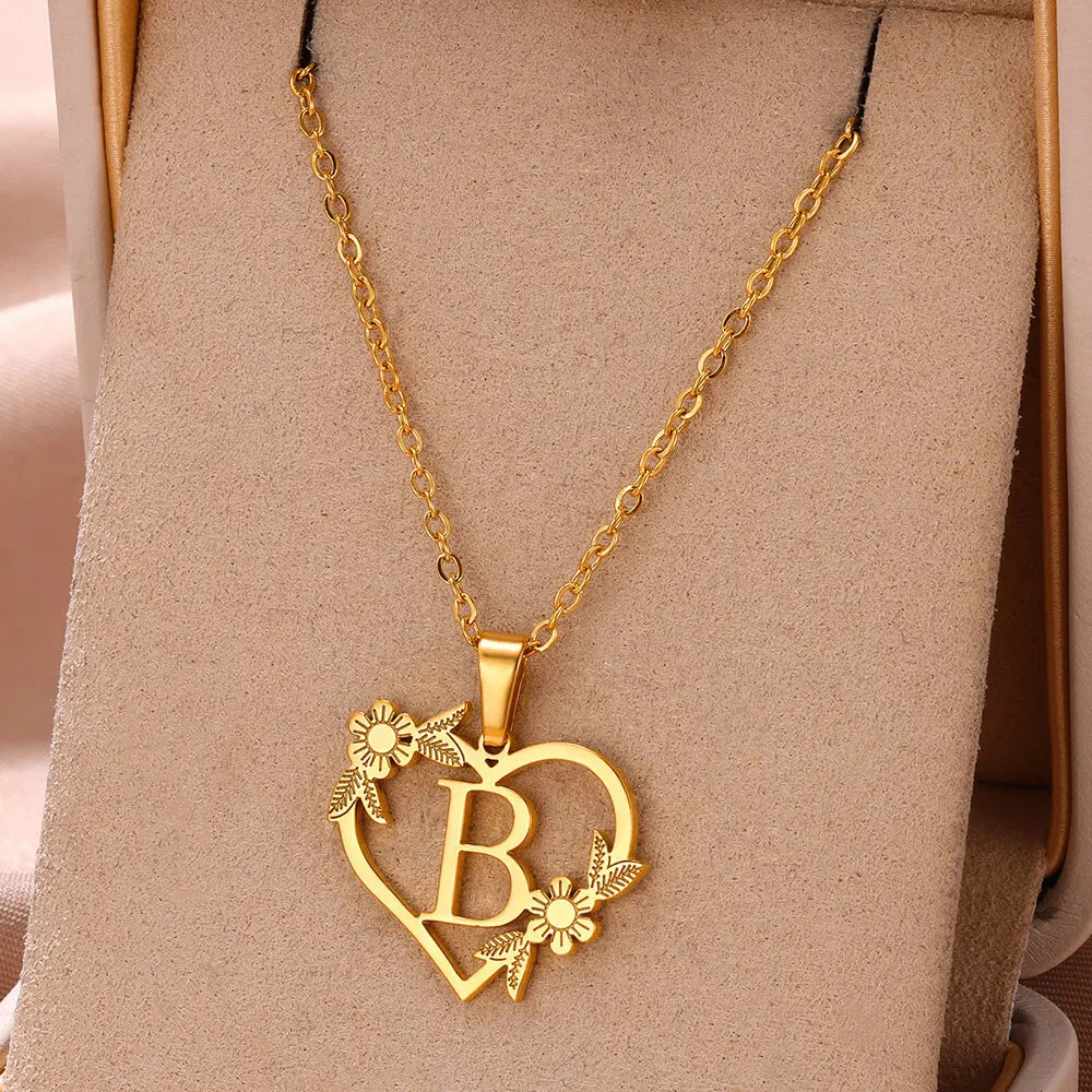 A-Z Letters Stainless Steel Jewelry Initials Heart Pendant Necklace For Women