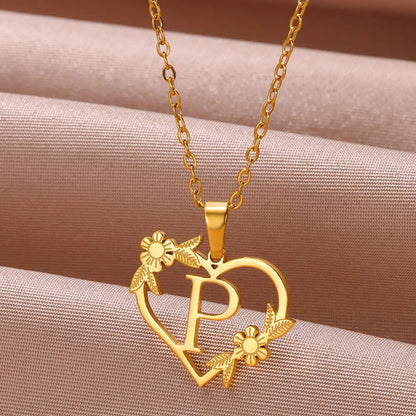 A-Z Letters Stainless Steel Jewelry Initials Heart Pendant Necklace For Women