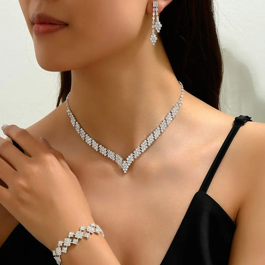 3 Pcs Bridal Jewelry Set Silver Plated Rhinestone