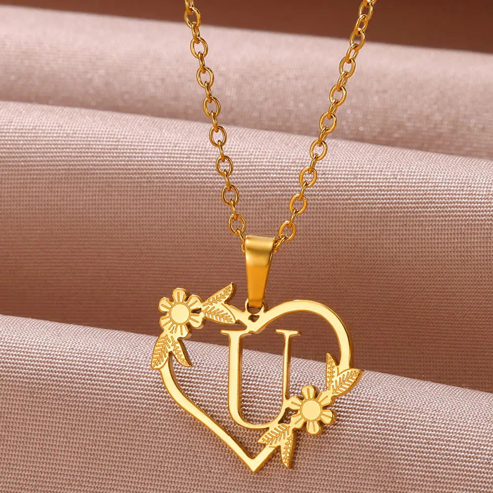 A-Z Letters Stainless Steel Jewelry Initials Heart Pendant Necklace For Women