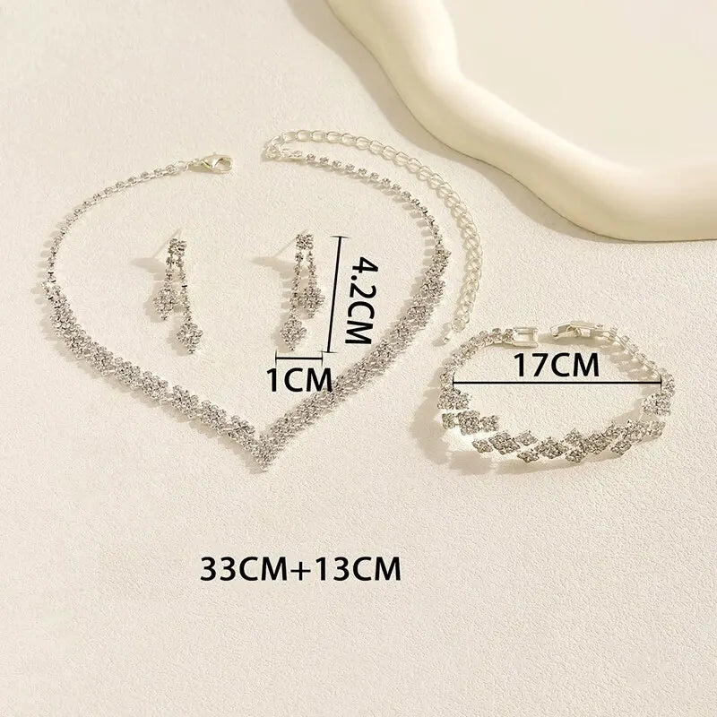 3 Pcs Bridal Jewelry Set Silver Plated Rhinestone